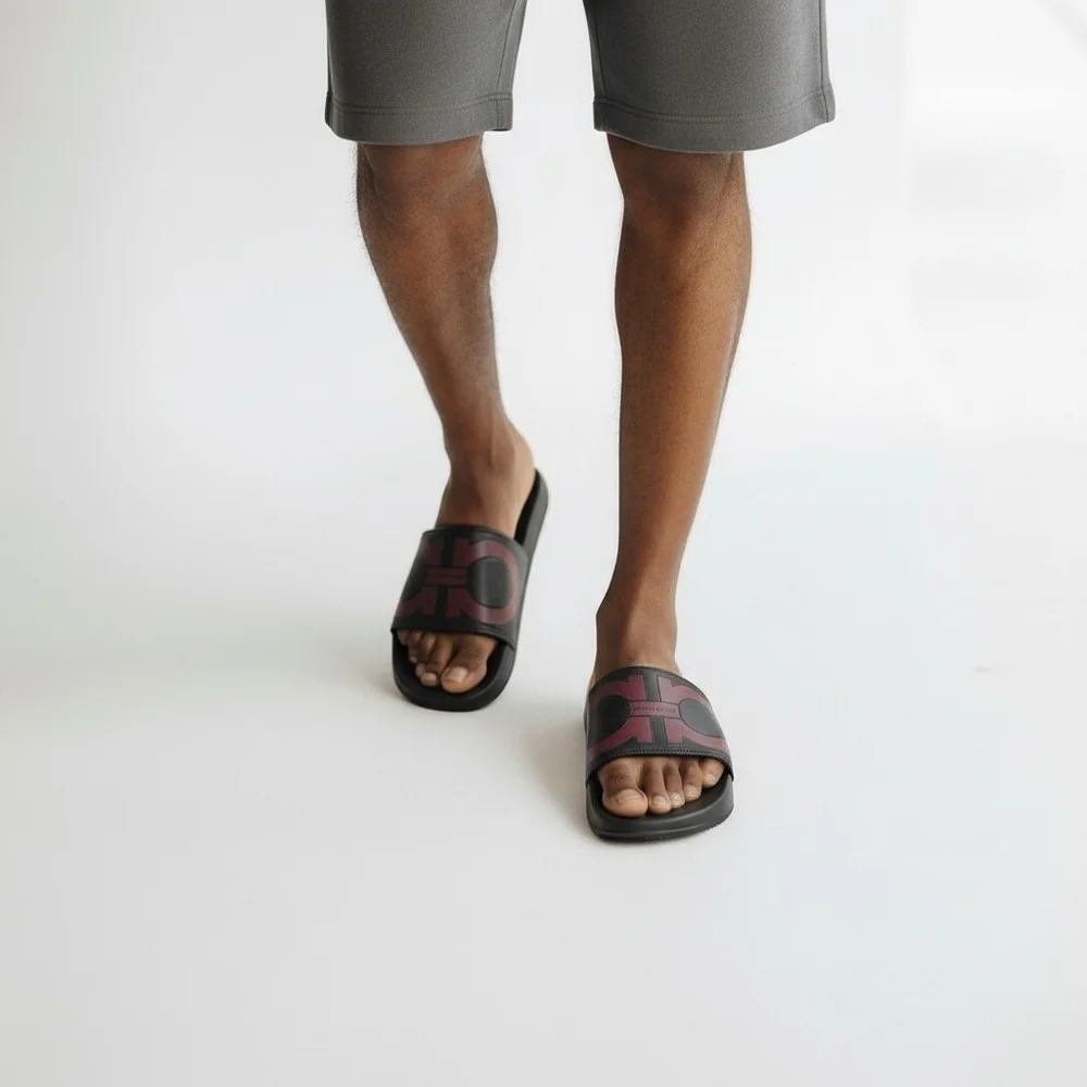 Salvatore Ferragamo Groove Gancini Slide Sandals Black Burgundy Men's Dust Bag